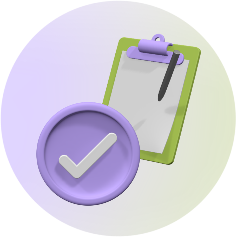 Ein Icon, das einen lila Button mit weißen Haken sowie ein grünes Klemmbrett mit Stift und Papier zeigt. Das Ganze ist auf einem grün-lila Hintergrund platziert.