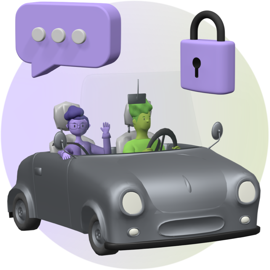 Ein Icon, das ein graues Cabrio Auto zeigt. In dem sitzen eine grüne fahrende Person sowie eine lila Beifahrerin, die winkt. Über dem Auto sind eine lila Sprechblase sowie ein lila Sicherheitsschloss zu sehen. Das Ganze ist vor einem lila-grünen Hintergrund platziert