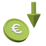 Ein Icon, das eine grüne Münze mit Euro-Aufschrift zeigt sowie ein Pfeil, der mit seiner Deutung nach unten einen niedrigen Preis darstellen soll