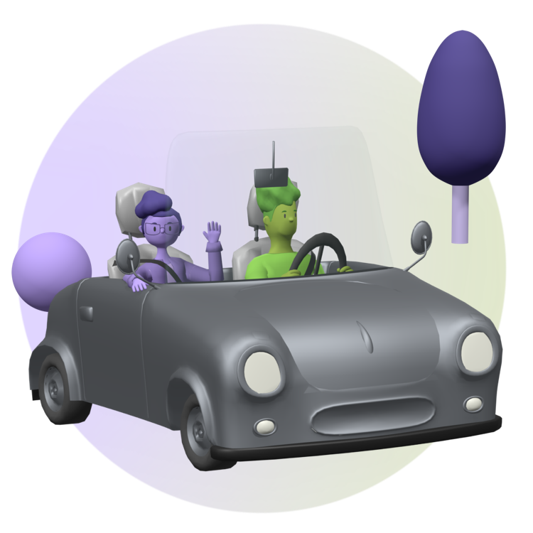 Ein Icon, das ein graues Cabrio Auto zeigt. In dem sitzen eine grüne fahrende Person sowie eine lila Beifahrerin, die winkt.Neben dem Auto ist ein lila Baum. Das Ganze ist vor einem lila-grünen Hintergrund platziert
