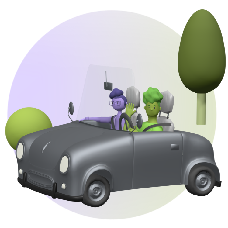 Ein Icon, das ein graues Cabrio-Auto zeigt. In dem sitzen eine grüne fahrende Person die winkt sowie eine lila Beifahrerin, die auf die Straße achtet. Neben dem Auto ist ein grüner Baum. Das Ganze ist vor einem lila-grünen Hintergrund platziert