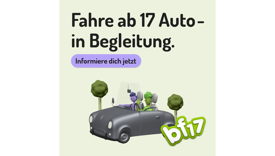Auf einem quadratischen, hellgrünen Banner steht 